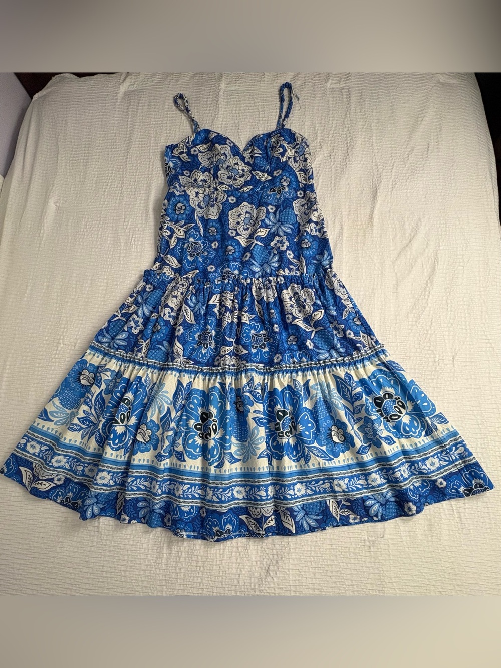 FARM Rio Blue & White Floral Tiered Sundress with Spaghetti Straps